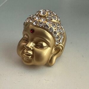 Vtg Aldo Y2K Buddha Head Ring Gold Tone Rhinestone Chunky Statement Boho Zen 7